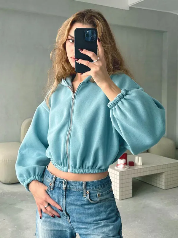 Wenkouban-Winter outfits ideas Casual Women's Solid Color Hoodie Long Sleeve Cropped Jacket Zipper Cardigan Sweatshirt