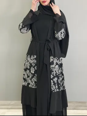 White Floral Abaya - Black