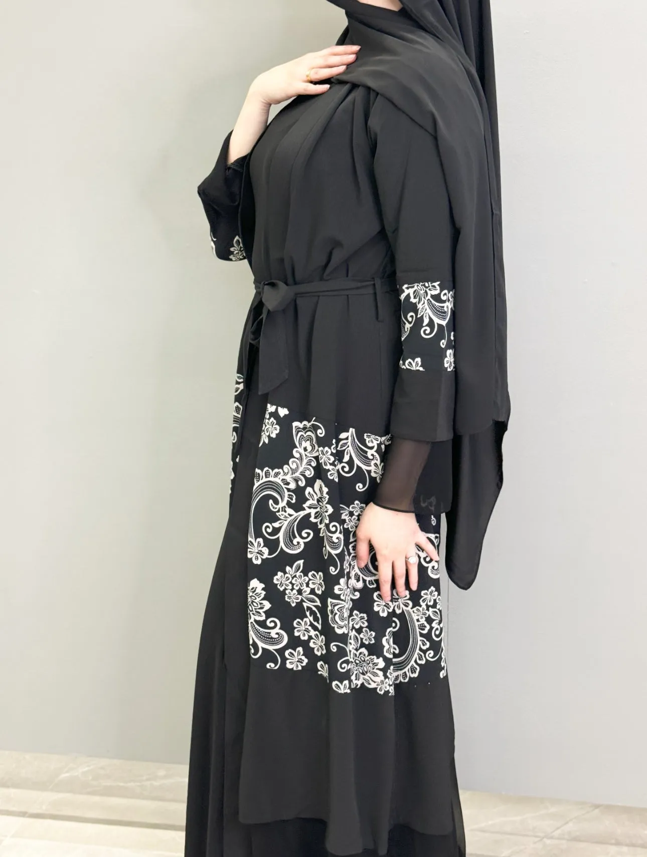 White Floral Abaya - Black