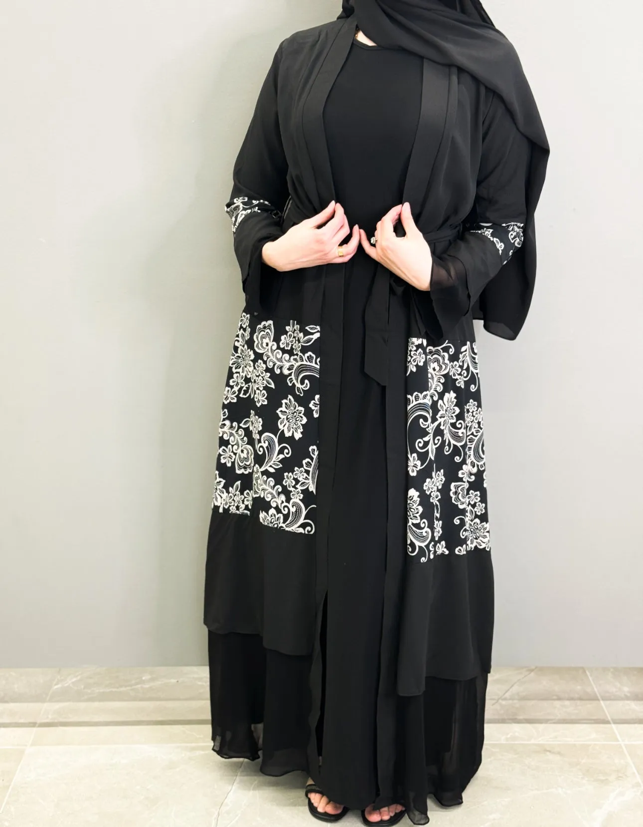 White Floral Abaya - Black