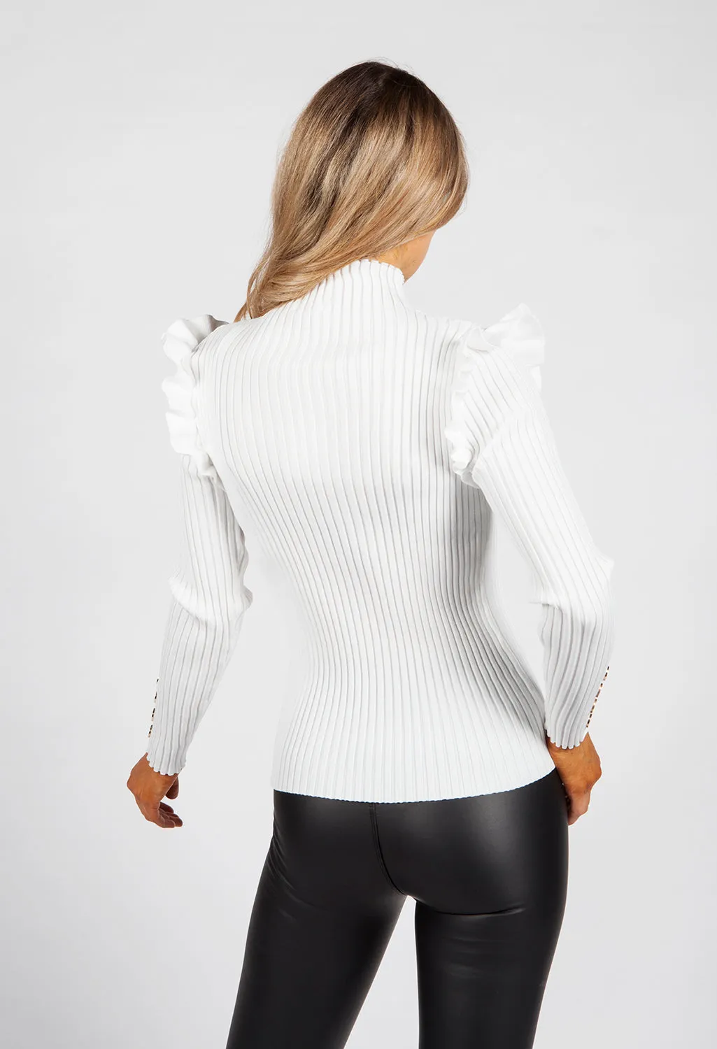 White Ribbed High Neck Top