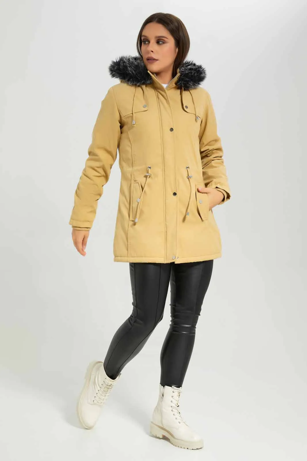 Women Beige Hooded Fur Puffer Padded Jacket