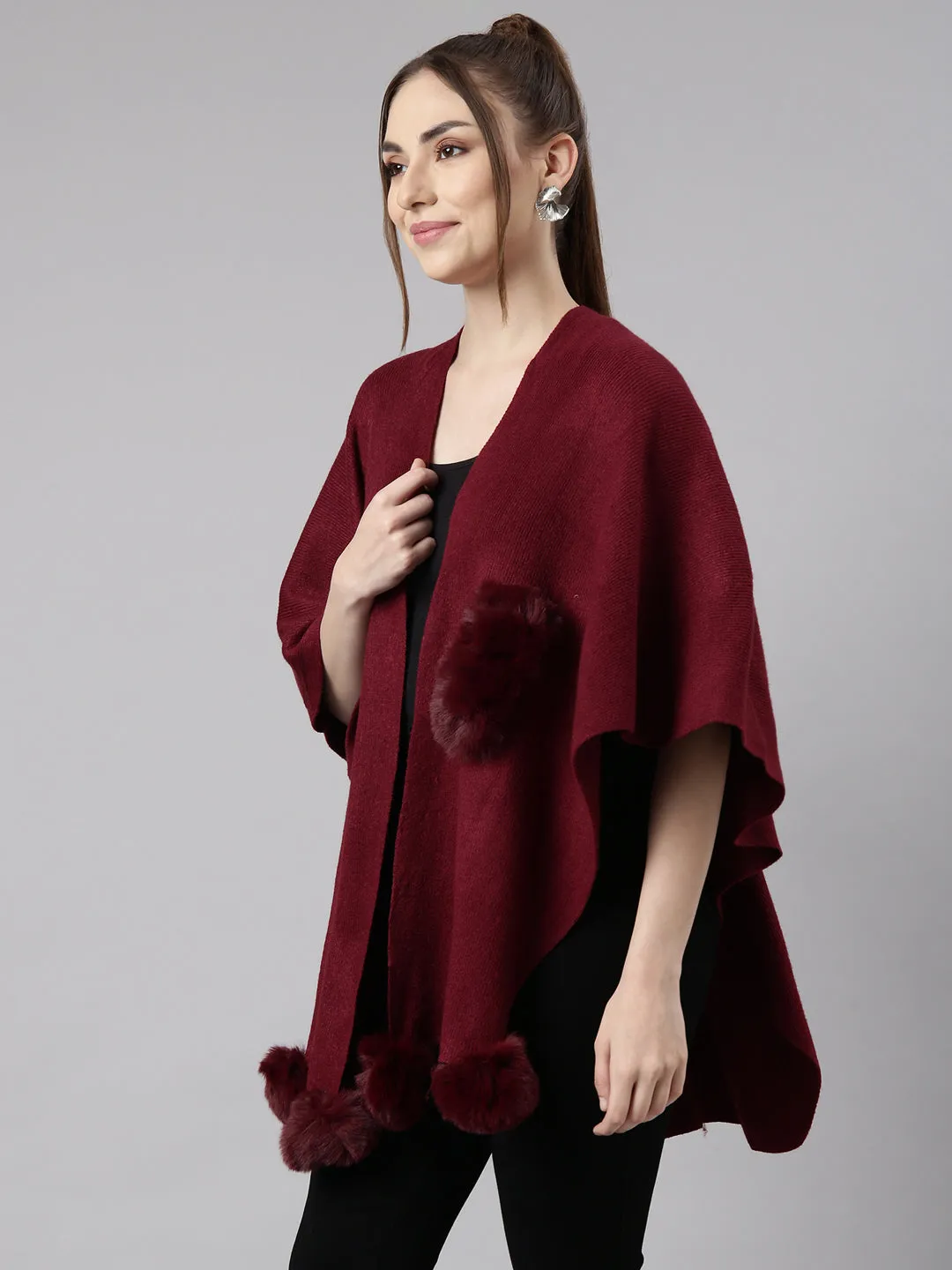 Women Solid Maroon Regular Front-Open Poncho