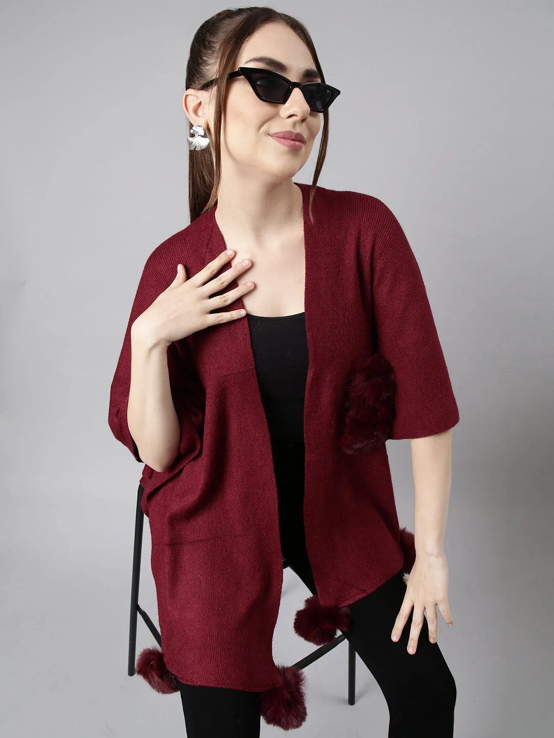 Women Solid Maroon Regular Front-Open Poncho