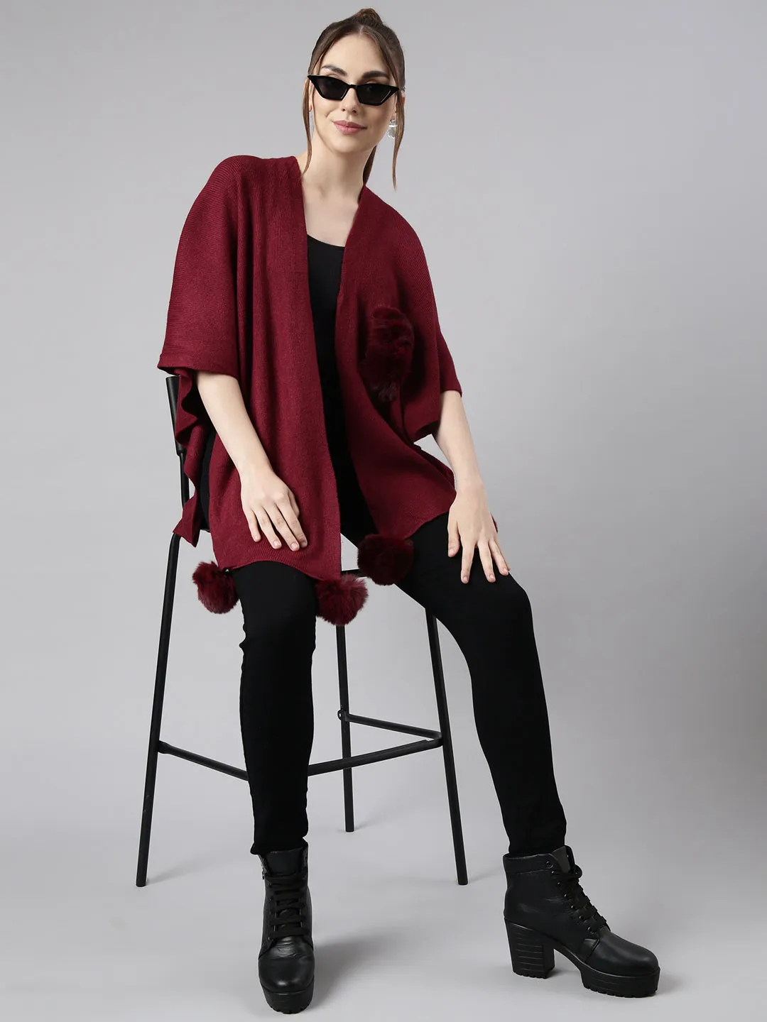 Women Solid Maroon Regular Front-Open Poncho