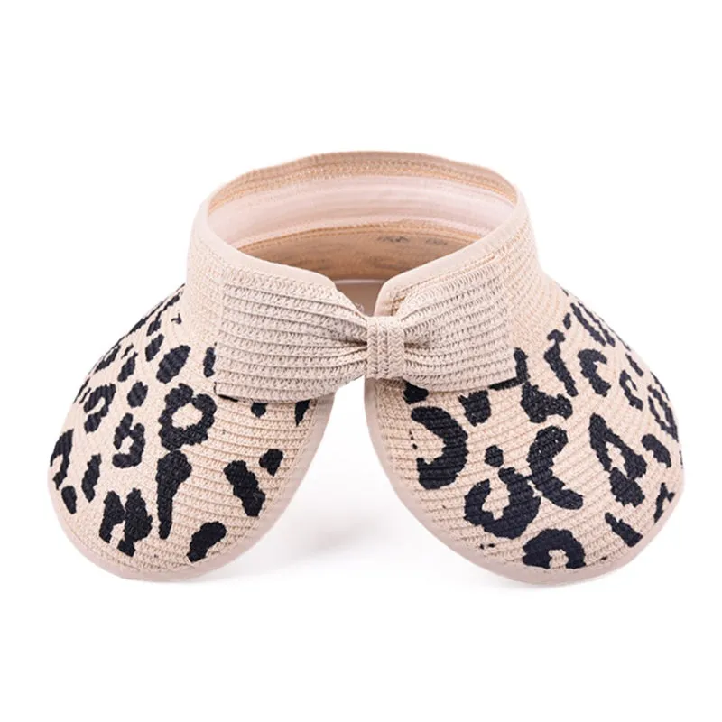 Womens Leopard Print Foldable Sun-Shading Beach Straw Hat