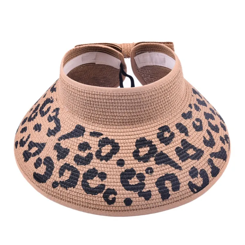 Womens Leopard Print Foldable Sun-Shading Beach Straw Hat