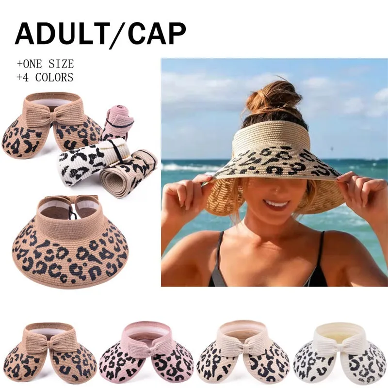 Womens Leopard Print Foldable Sun-Shading Beach Straw Hat