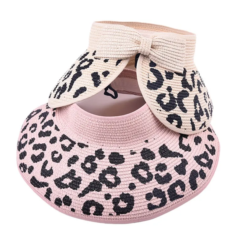 Womens Leopard Print Foldable Sun-Shading Beach Straw Hat