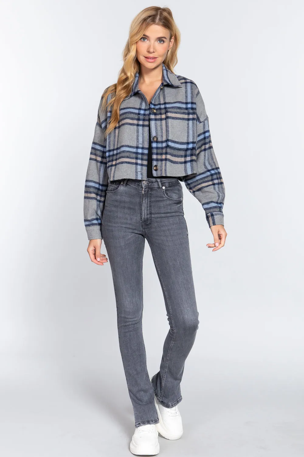 Wool Plaid Oversized Crop Shacket