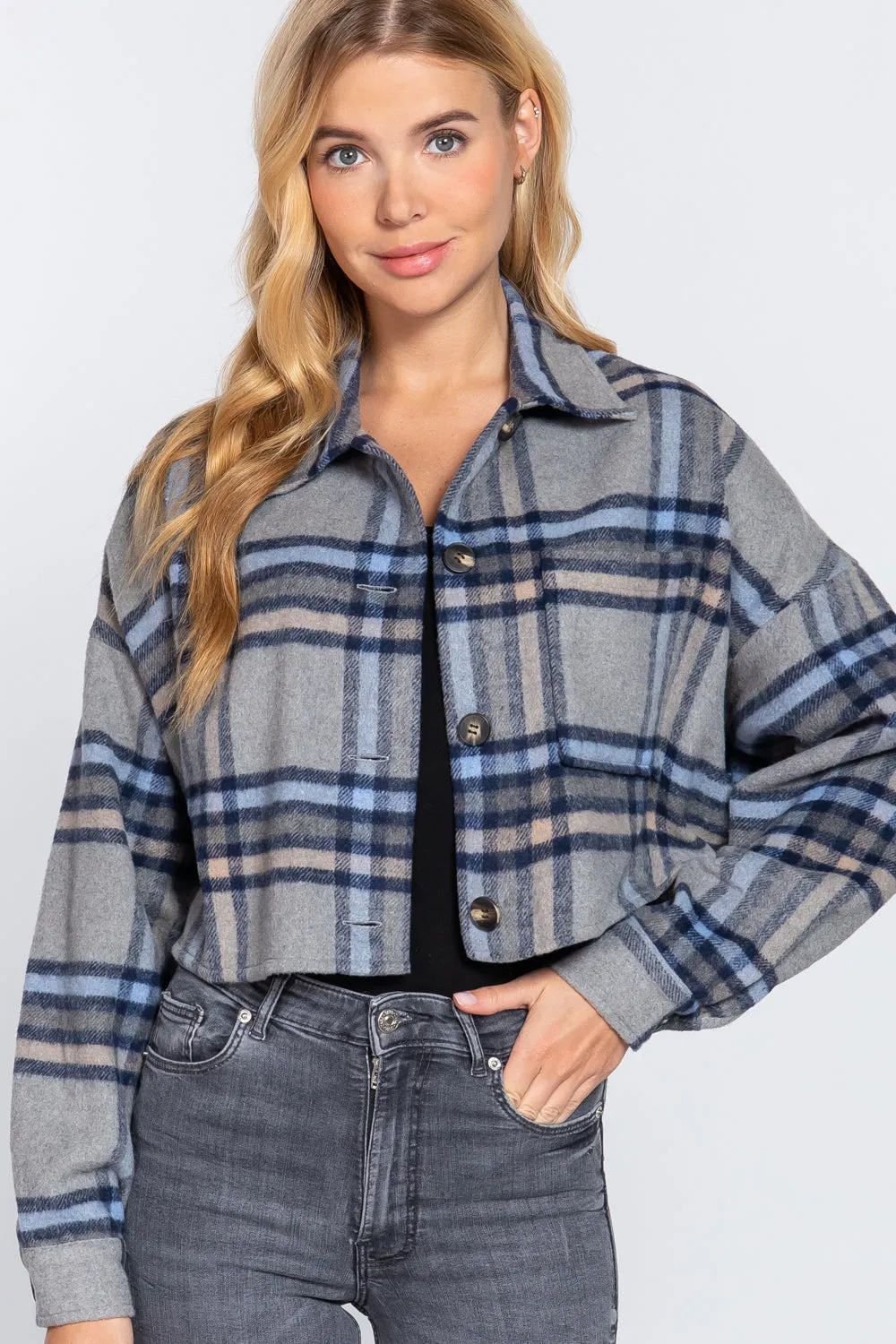 Wool Plaid Oversized Crop Shacket