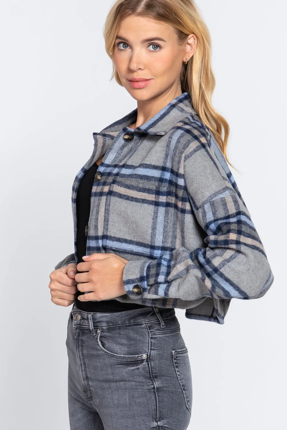 Wool Plaid Oversized Crop Shacket