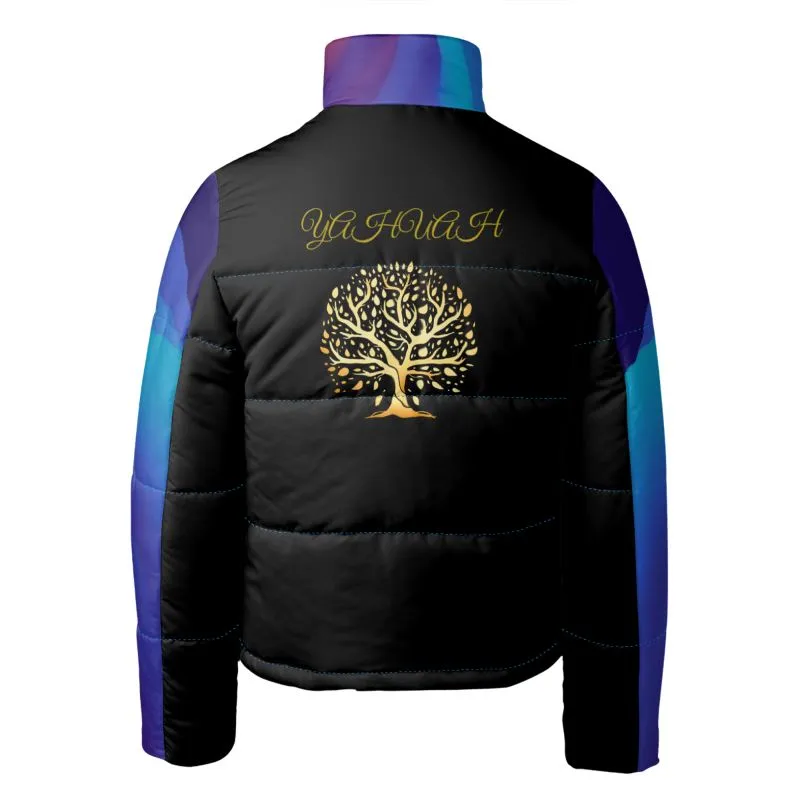 Yahuah-Tree of Life 01 Royal Men's Designer Stand Collar Puffer Jacket