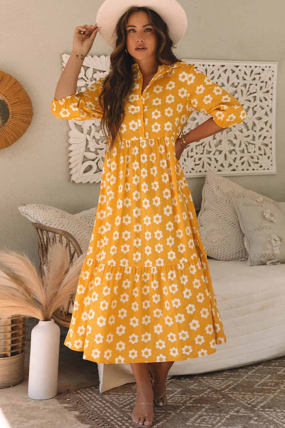 Yellow Flower Print Bracelet Sleeve Buttons Collared Maxi Dress