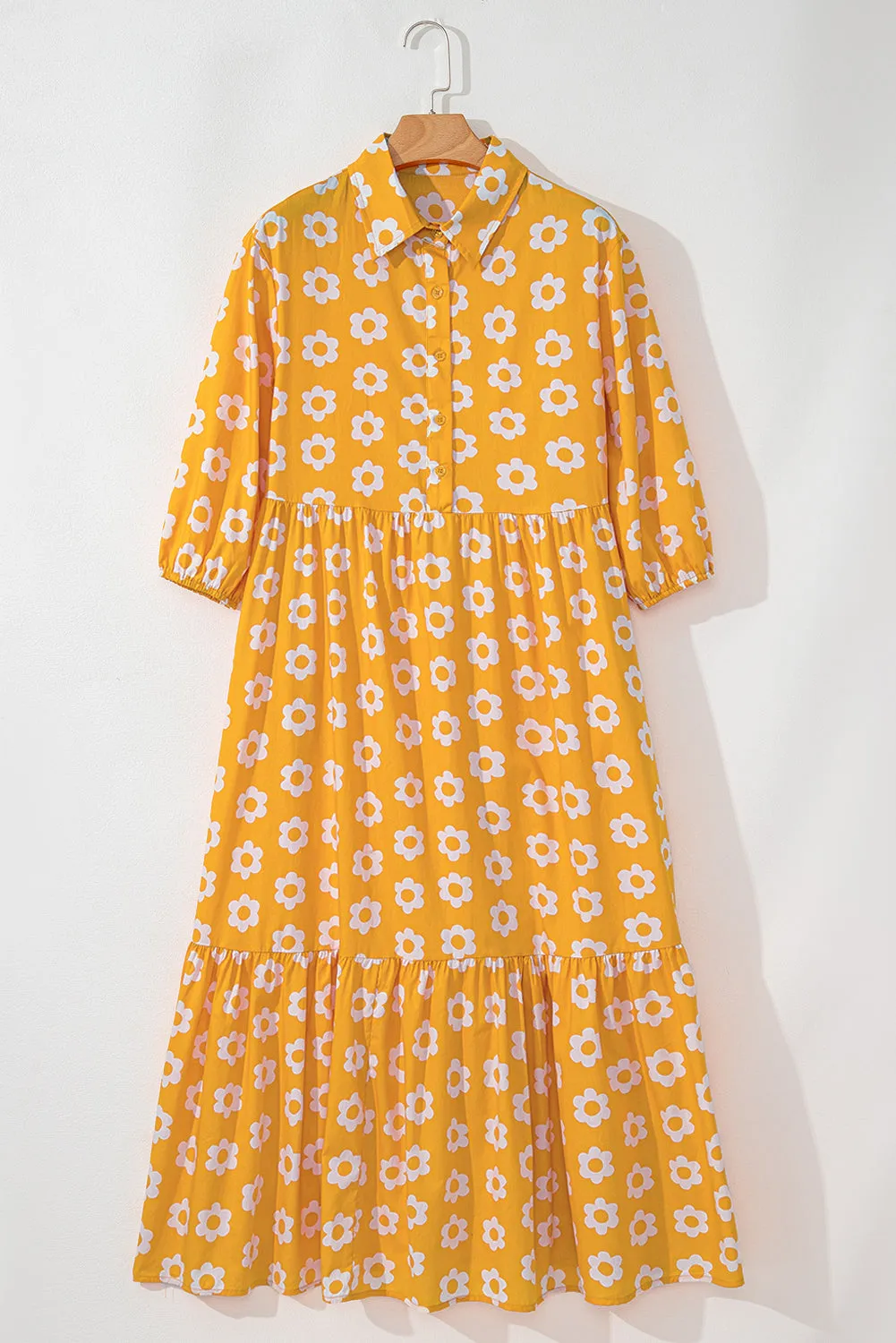 Yellow Flower Print Bracelet Sleeve Buttons Collared Maxi Dress