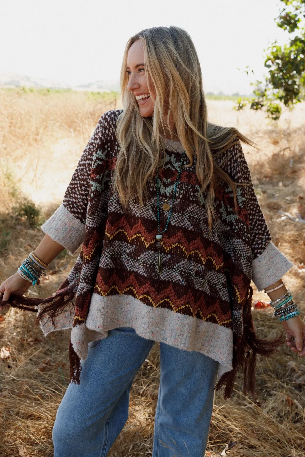 Zahra Aztec Fringe Poncho - Brown