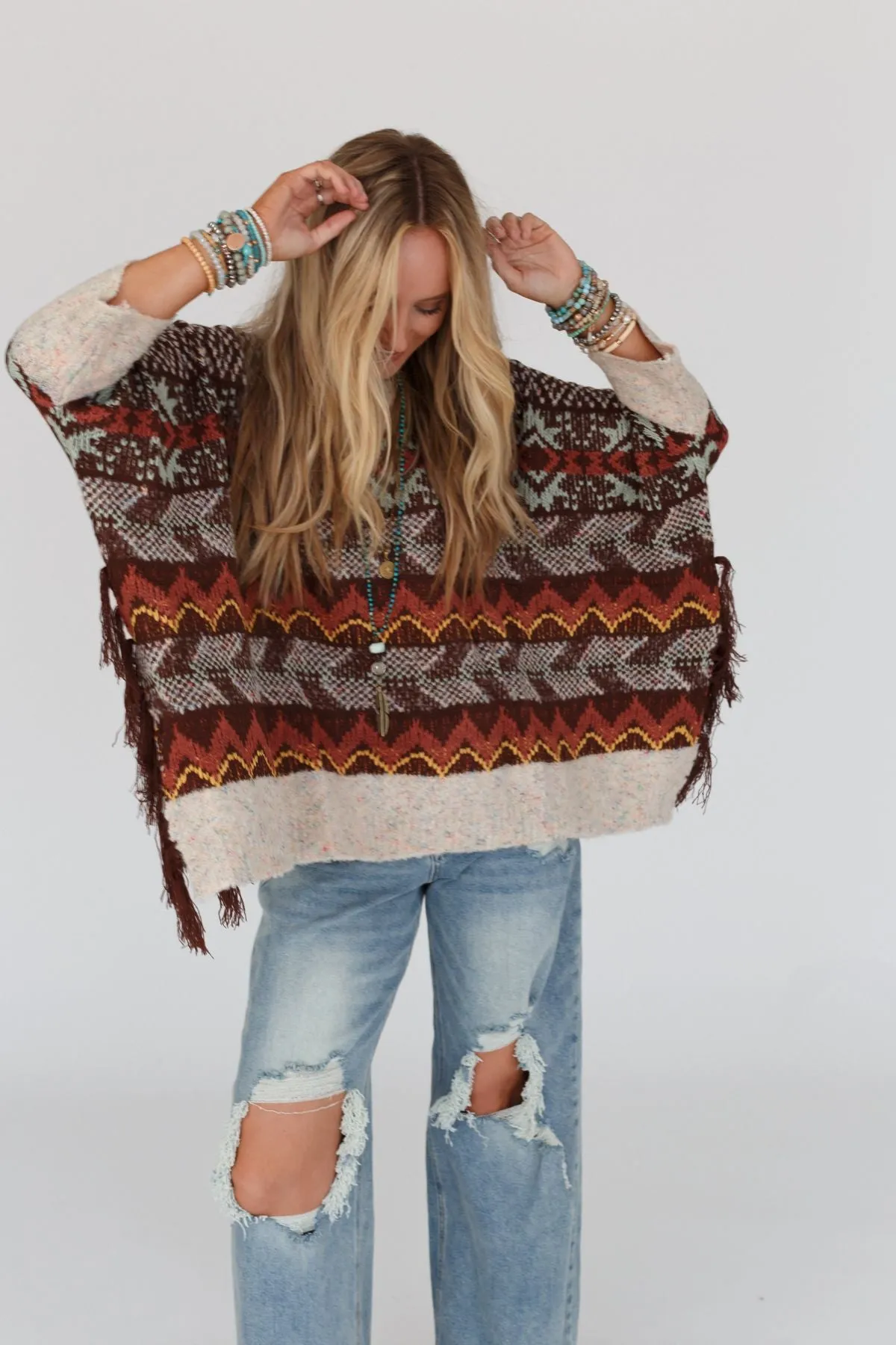 Zahra Aztec Fringe Poncho - Brown