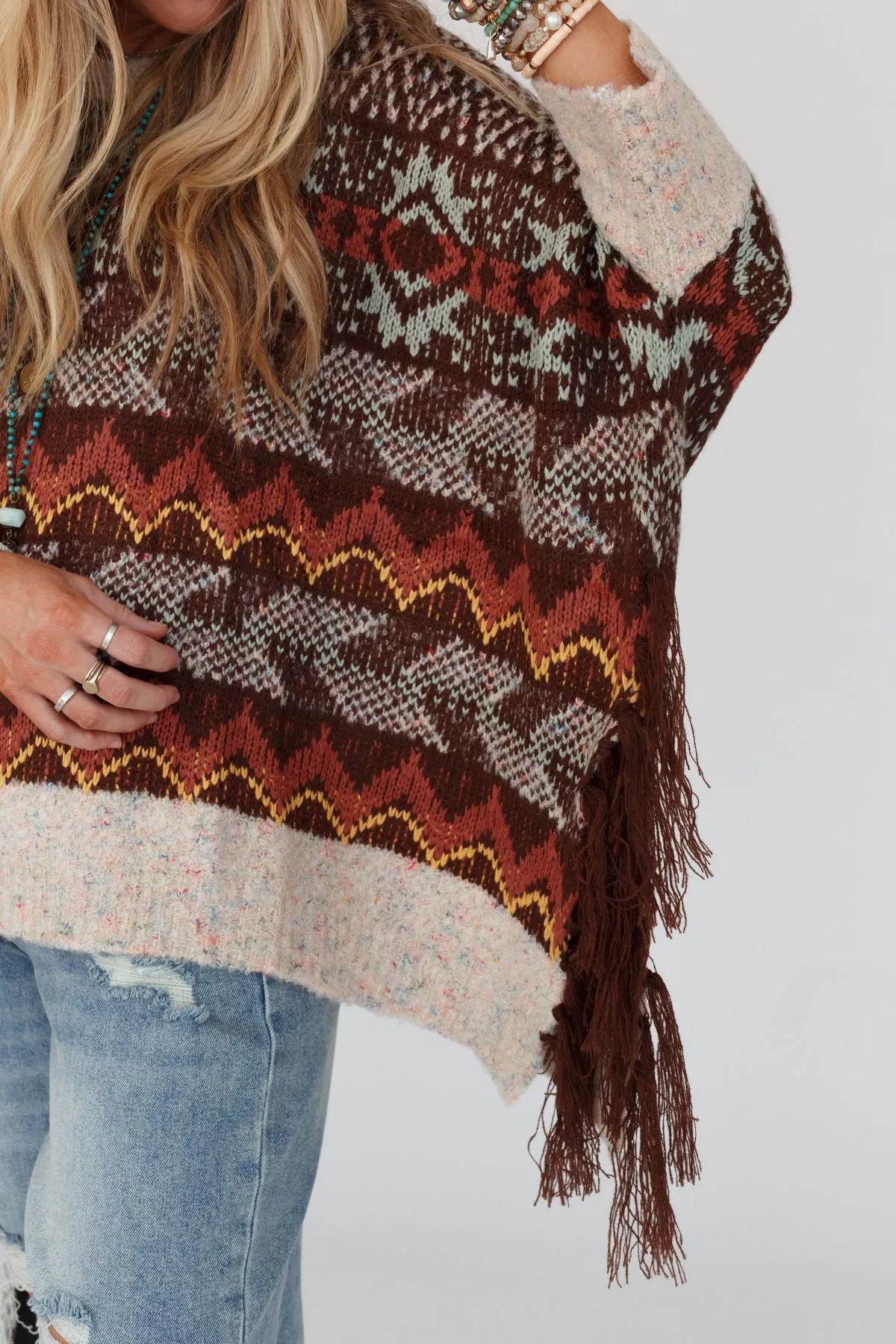 Zahra Aztec Fringe Poncho - Brown