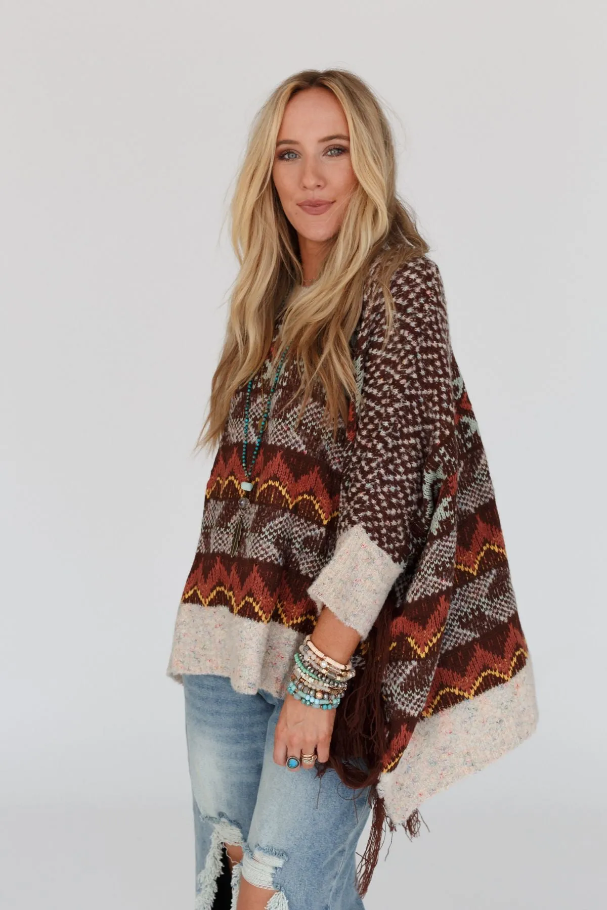 Zahra Aztec Fringe Poncho - Brown