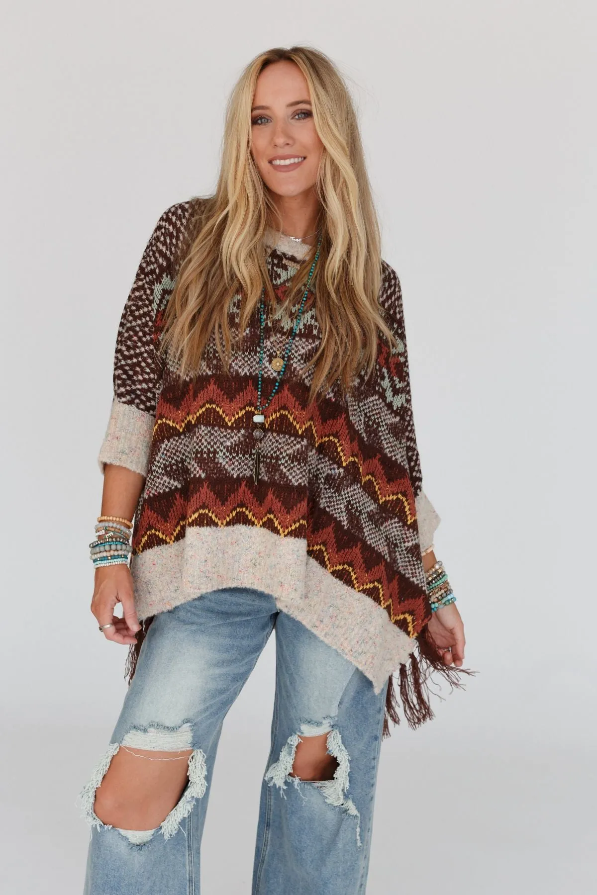 Zahra Aztec Fringe Poncho - Brown