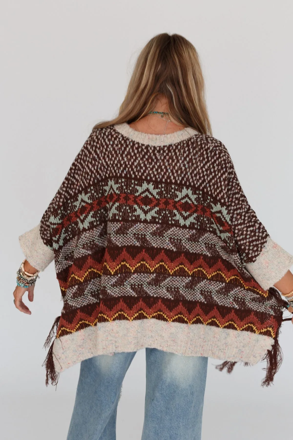 Zahra Aztec Fringe Poncho - Brown