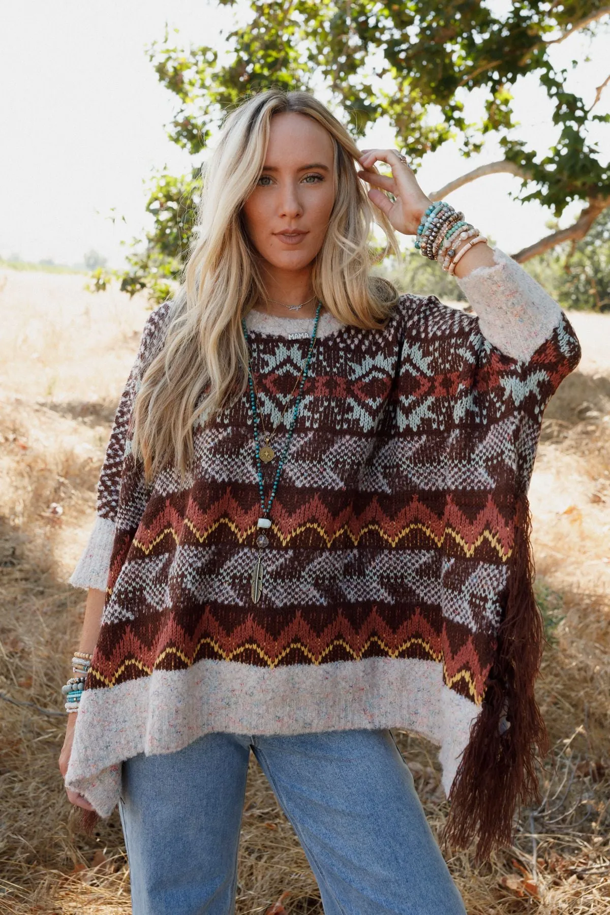 Zahra Aztec Fringe Poncho - Brown