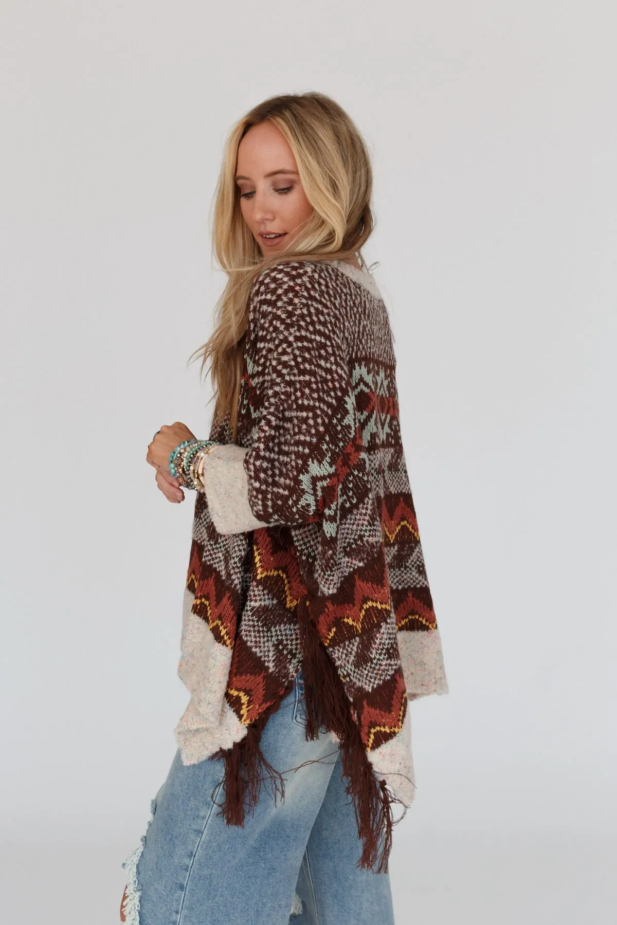 Zahra Aztec Fringe Poncho - Brown